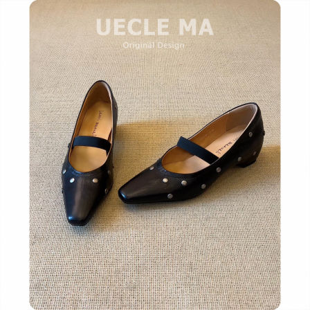 羊皮版~气质内增高浅口单鞋女2026新款复古黑色铆钉通勤玛丽珍鞋