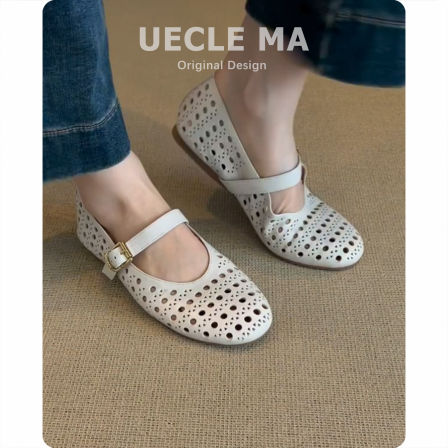 羊皮版~法式镂空浅口玛丽珍鞋女绝美气质芭蕾晚晚鞋平底圆头包鞋