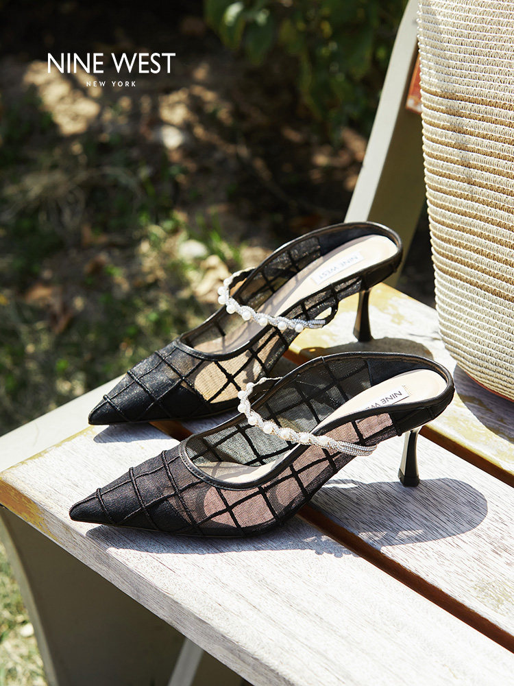 Nine West/玖熙尖头细跟网面穆勒鞋女珍珠链条优雅时尚性感高跟鞋主图