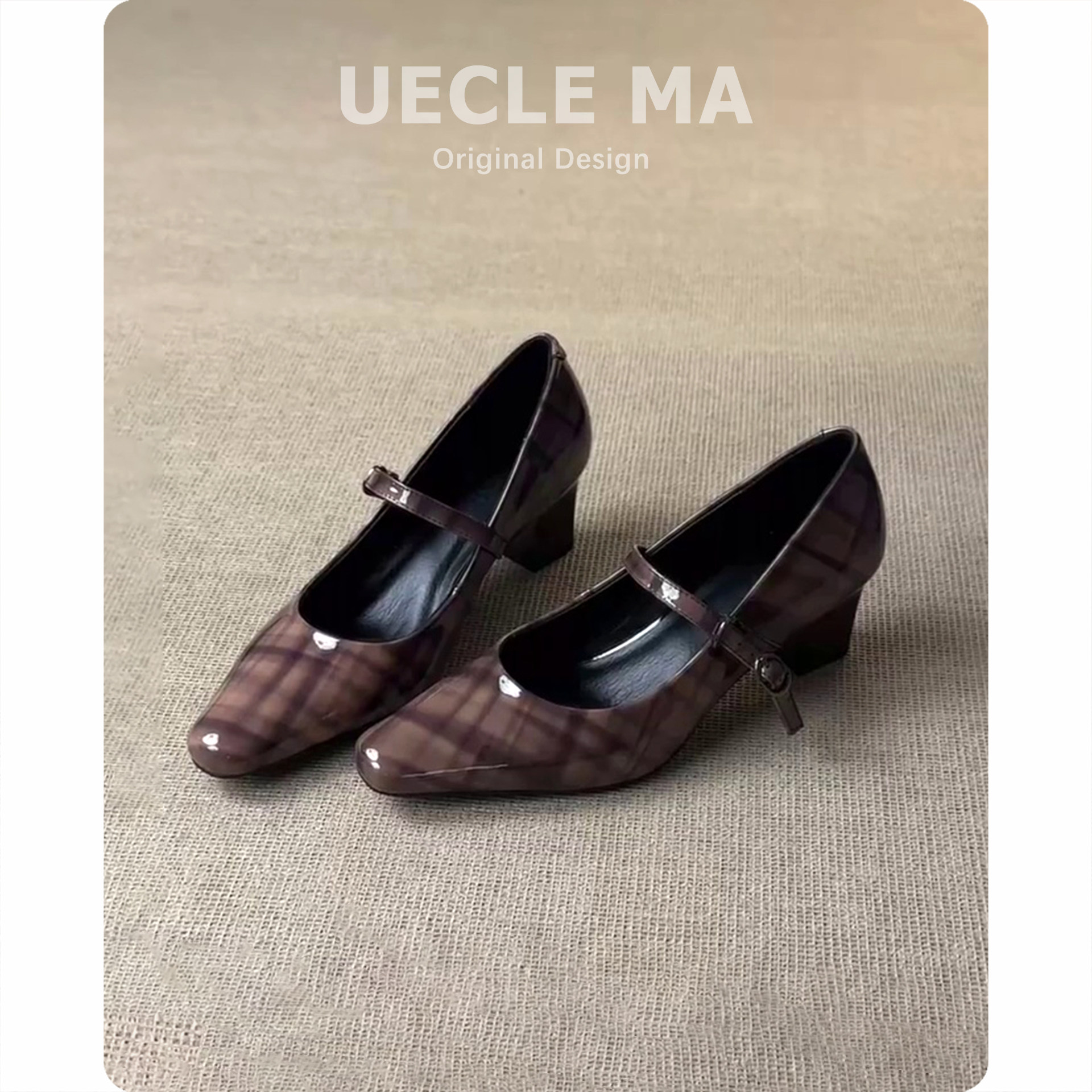 羊皮版~复古格纹漆皮玛丽珍单鞋女粗跟气质高级不累脚浅口高跟鞋主图