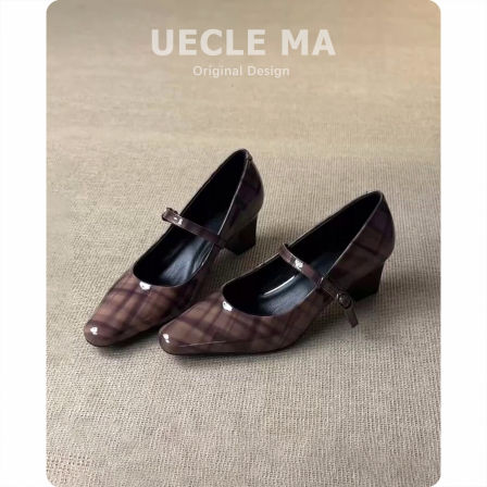 羊皮版~复古格纹漆皮玛丽珍单鞋女粗跟气质高级不累脚浅口高跟鞋