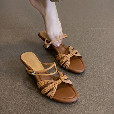 羊皮版~法式度假风编织细带两穿凉鞋女高跟软底温柔外穿凉拖鞋夏