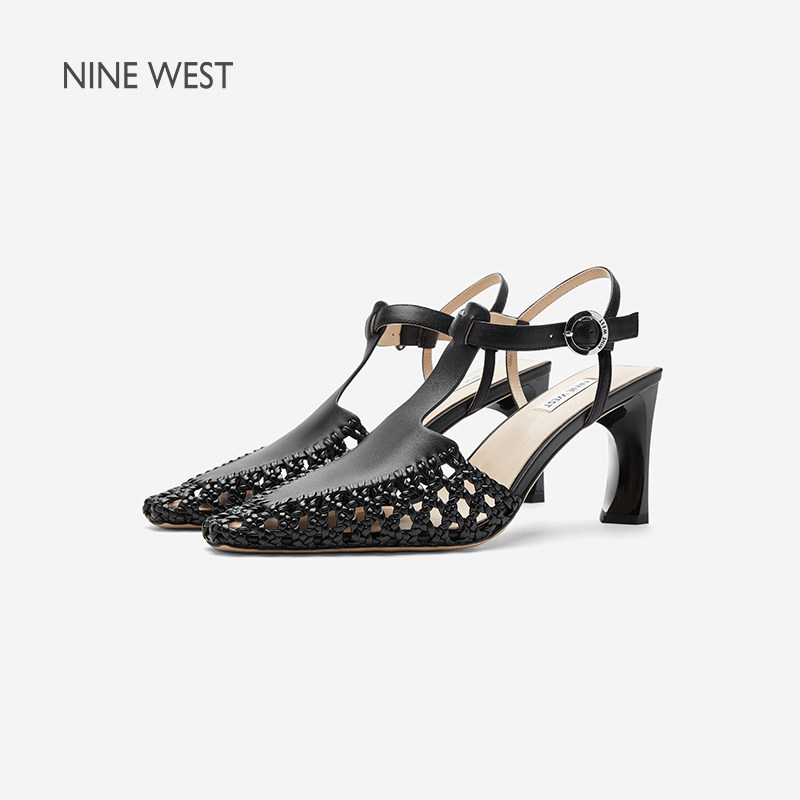 Nine West/玖熙黑色镂空编织凉鞋女方头后空粗跟优雅气质单鞋女款主图