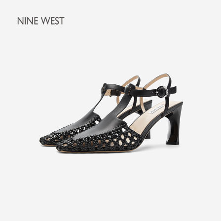 Nine West/玖熙黑色镂空编织凉鞋女方头后空粗跟优雅气质单鞋女款