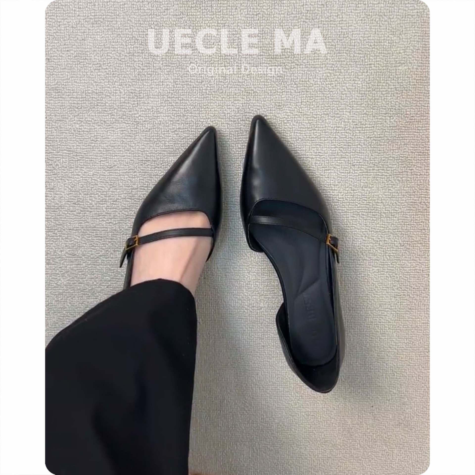 羊皮版~气质黑色轻熟风尖头浅口单鞋女2026夏季新款侧空包头凉鞋主图