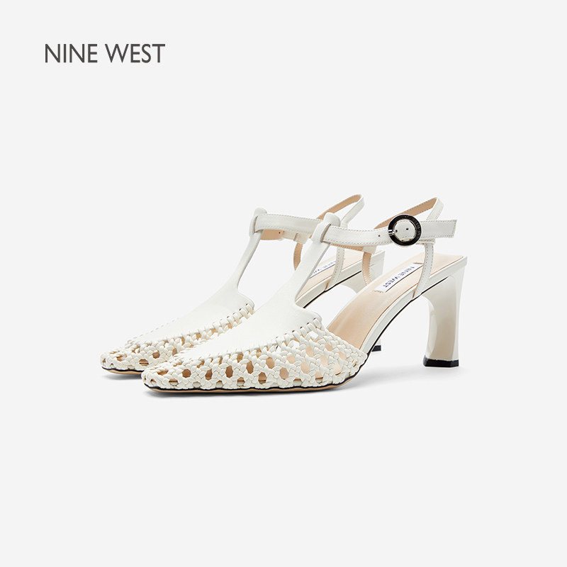 Nine West/玖熙镂空编织凉鞋女方头粗跟后空绑带复古优雅透气单鞋主图