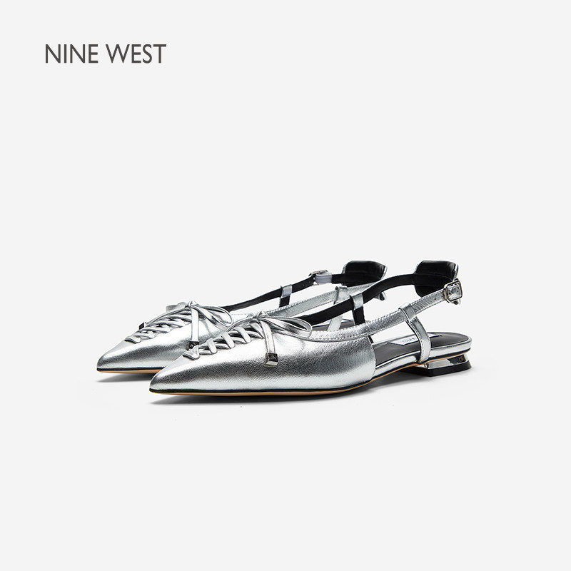 Nine West/玖熙银色尖头绑带凉鞋女低跟后空蝴蝶结优雅气质单鞋女主图