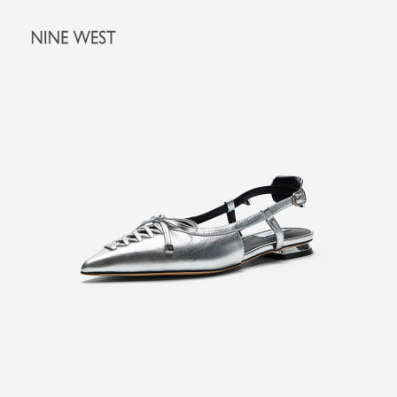 Nine West/玖熙银色尖头绑带平底凉鞋女低跟后空蝴蝶结通勤女单鞋
