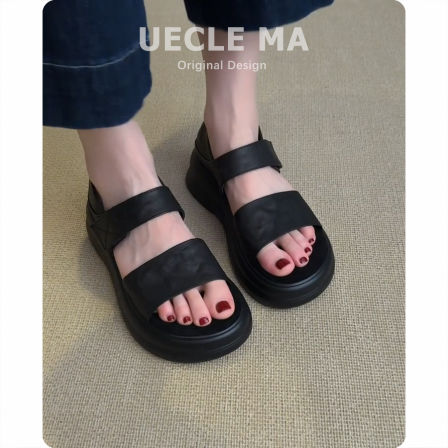 羊皮版~复古黑色休闲露趾凉鞋女夏外穿2026新款厚底增高罗马凉鞋