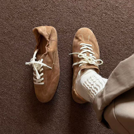 复古柔软褶皱德训鞋男女2026新款棕色系带休闲运动鞋平底阿甘鞋