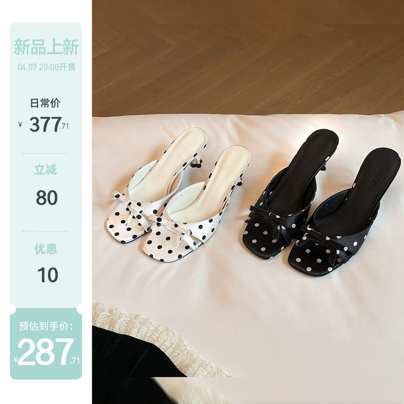 【苏茵茵】巴黎波点拖~法式方头蝴蝶结波点细高跟拖鞋女凉拖外穿主图