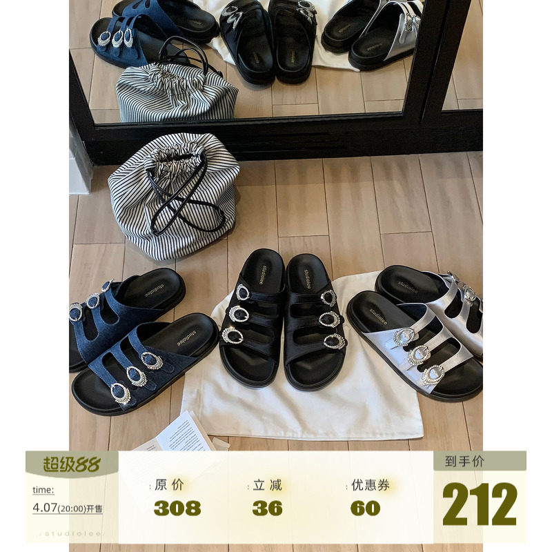 葡萄妈studiolee 水钻勃肯拖~ 时髦三排扣增高软底外穿凉拖鞋女主图