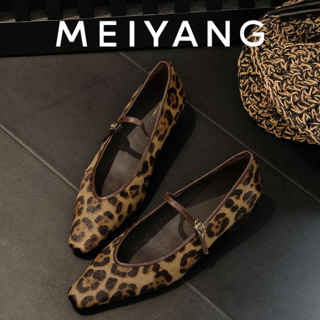 美洋MEIYANG 玛丽单鞋二号 马毛皮野性豹纹一字带粗跟玛丽珍-周一