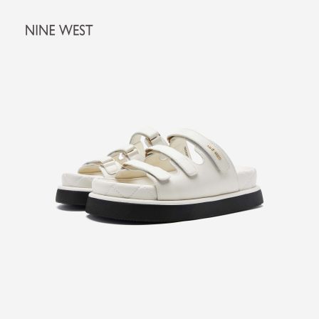 Nine West/玖熙真皮魔术贴厚底凉拖女外穿百搭一字拖增高懒人拖鞋
