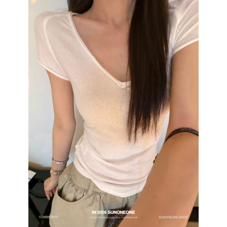 SUNONEONE 天丝亚麻毛边宽松V领短袖T恤女夏新款套头纯色正肩上衣