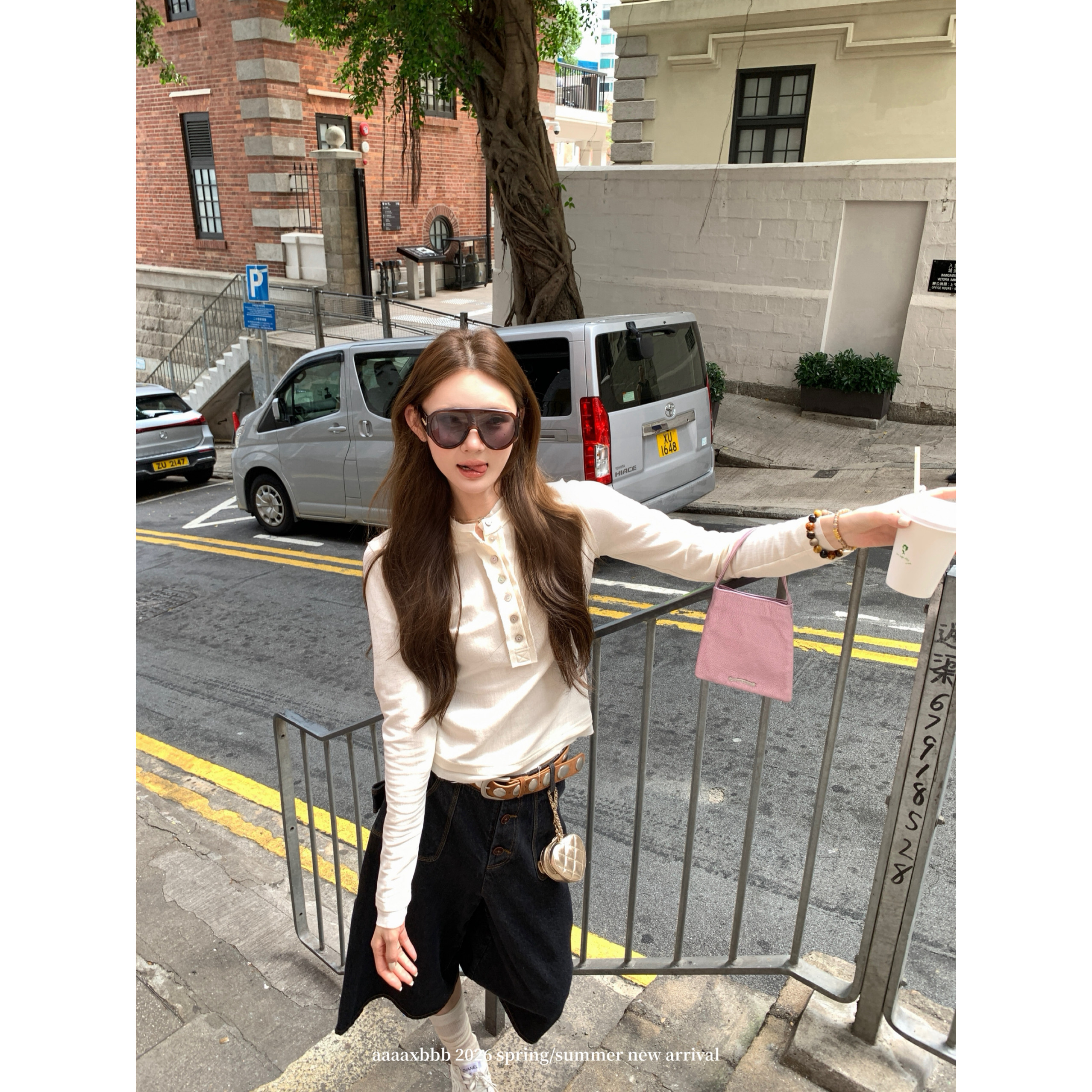 aaaaxbbb 新西兰街区女孩 天丝亨利衫单排扣长袖T恤口袋打底上衣主图