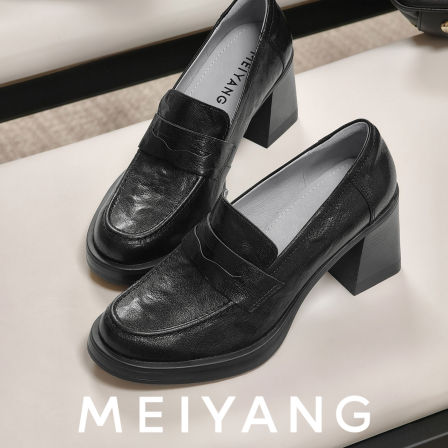 美洋MEIYANG 方块高跟乐福鞋 手抓纹羊皮革_圆头粗跟增高-周五