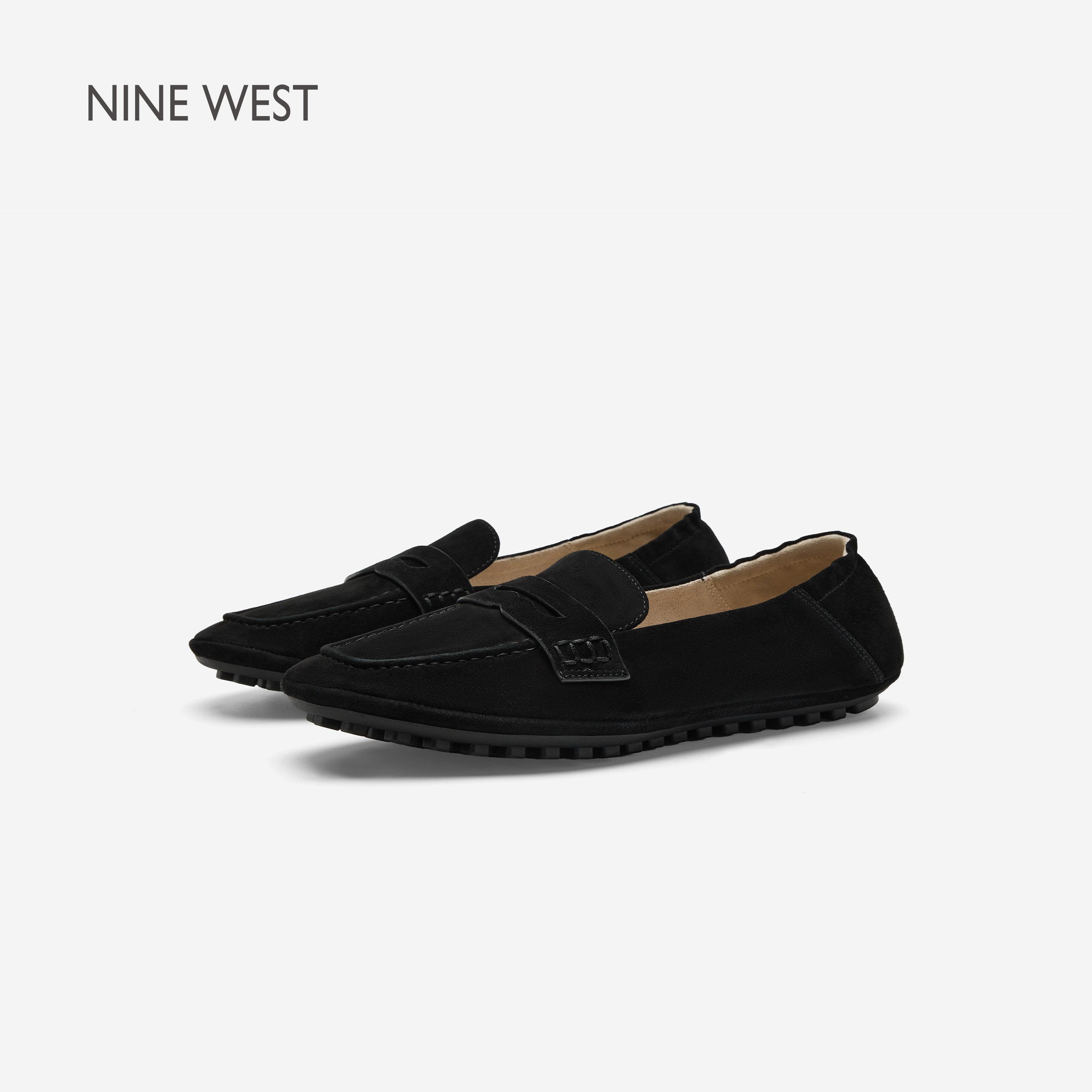Nine West/玖熙乐福鞋女黑色平底豆豆鞋一脚蹬真皮通勤单鞋休闲鞋主图