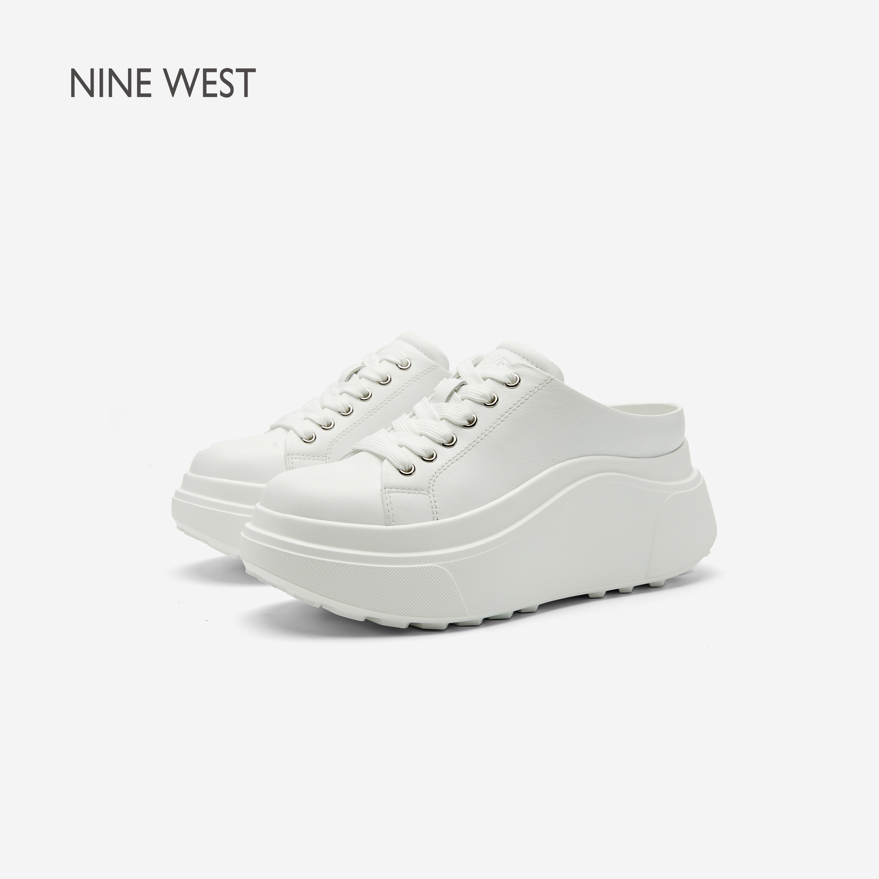 Nine West/玖熙内增高半拖小白鞋女通勤百搭厚底松糕底懒人一脚蹬主图