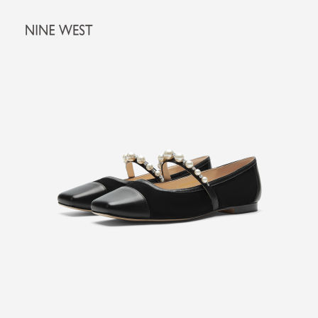 Nine West/玖熙珍珠水钻方头玛丽珍鞋女夏浅口平底一字带气质单鞋