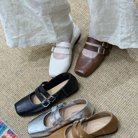 MFX 2026新款方头浅口单鞋女法式双皮带金属扣低帮小皮鞋9-317