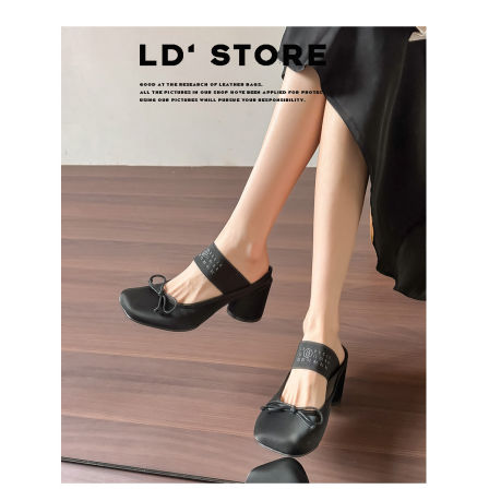 真皮~复古粗跟苹果头包头高跟拖鞋女夏季外穿蝴蝶结玛丽珍凉拖鞋