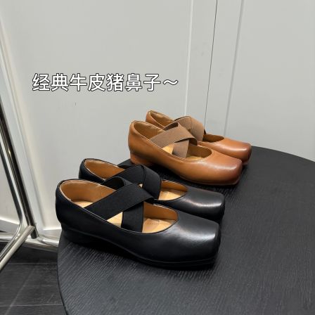 2026新款高端品质头层牛皮内增高外穿芭蕾舞鞋复古方头猪鼻子交叉