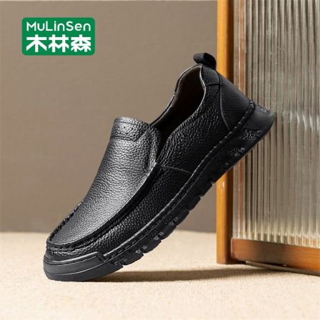 木林森皮鞋男爸爸夏季透气一脚蹬乐福鞋商务休闲爸爸真皮豆豆鞋男