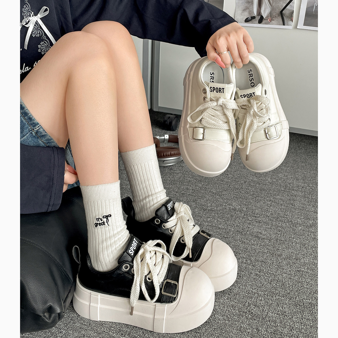 南在南方复古超火厚底小白鞋女款2026新款夏季增高配裙子百搭板鞋主图