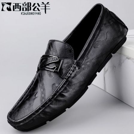 【头层羊皮】西部公羊新款男士豆豆鞋真皮软面商务休闲鞋透气男款