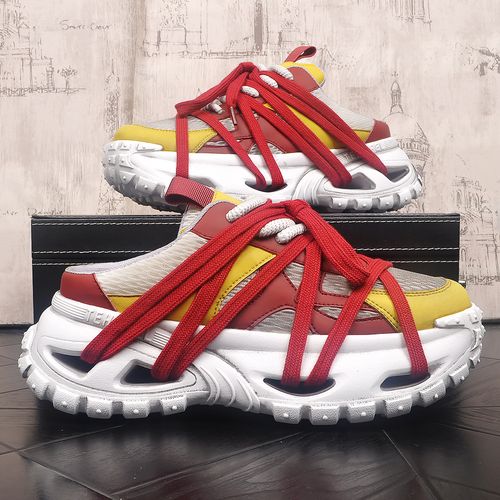 巴黎厚底增高复古拼色老爹鞋半拖男夏季新款网面个性绑带包头拖鞋主图