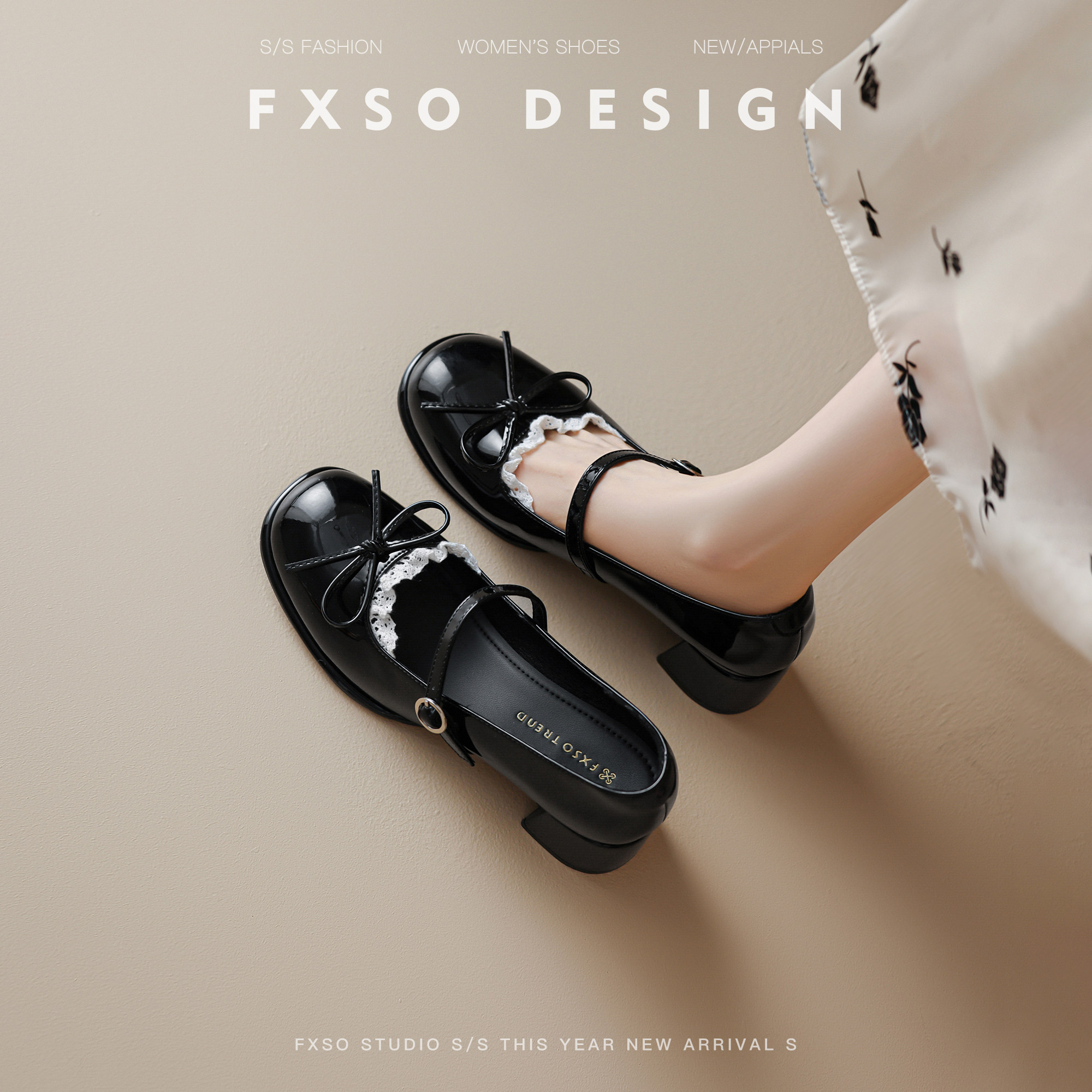 羊皮版【方巷大叔】2026春季新款玛丽珍鞋蝴蝶结蕾丝边粗跟单鞋女主图