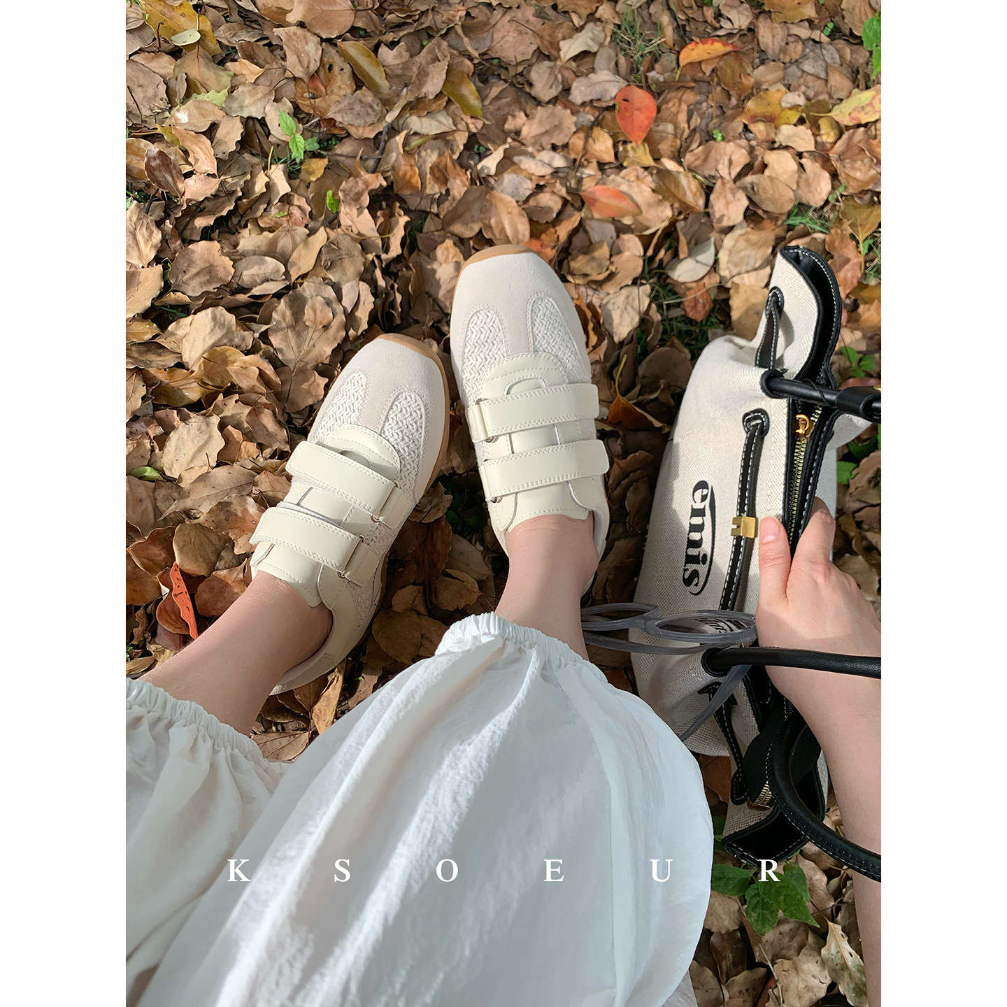 K姐 钩编度假风德训鞋 钩编网面透气休闲双魔术贴内增高主图