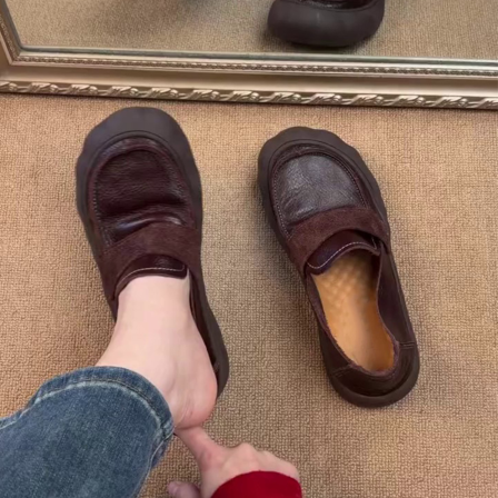 羊皮版~圆头深口复古英伦休闲乐福鞋百搭通勤一脚蹬单鞋女豆豆鞋