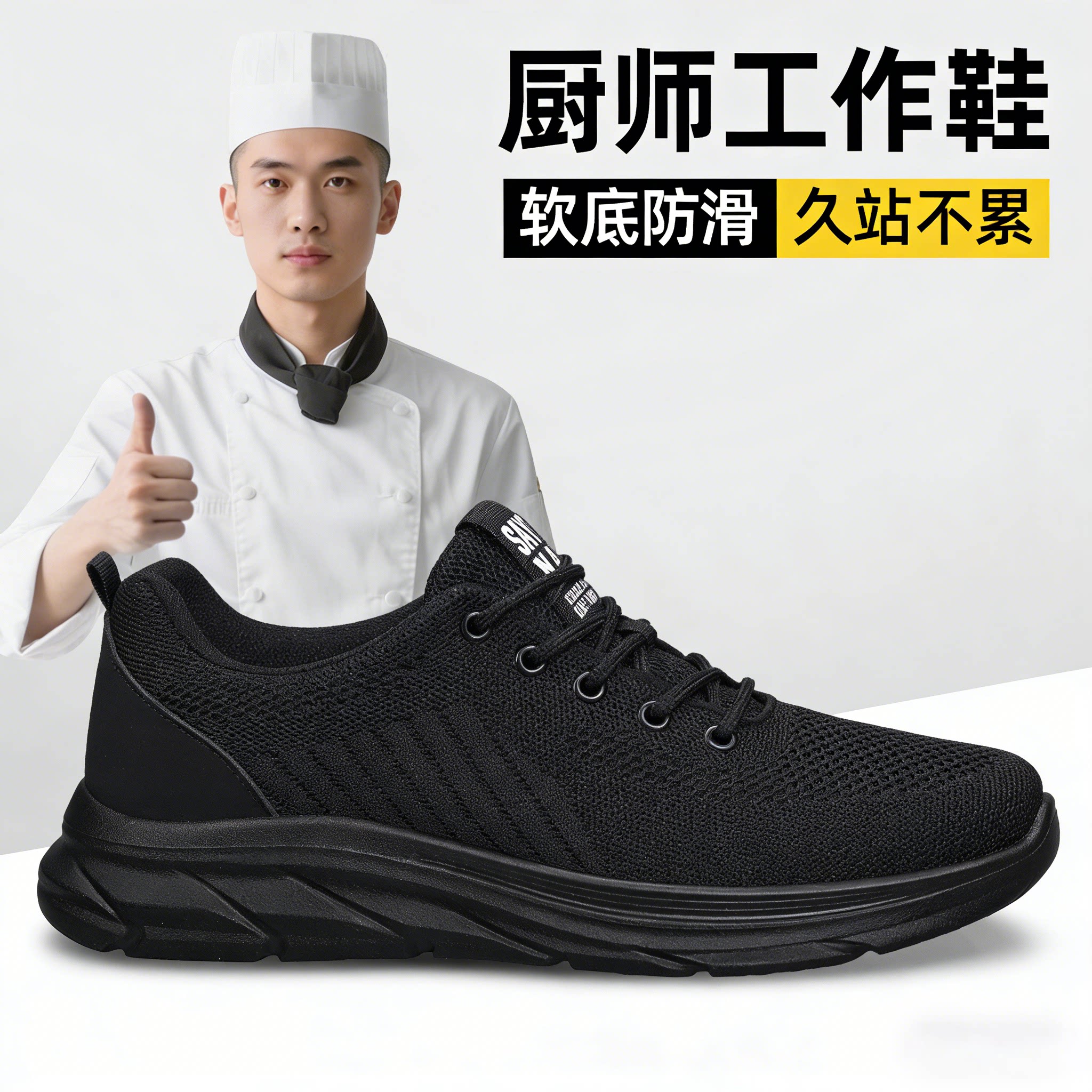 防滑厨师鞋男2026春新款透气厨房上班专用防油软底黑色工作运动鞋主图
