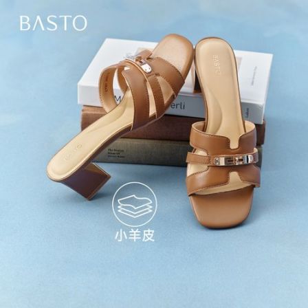 【丽公主专属】百思图新款一字拖时髦潮流粗跟女拖鞋C7321BT6
