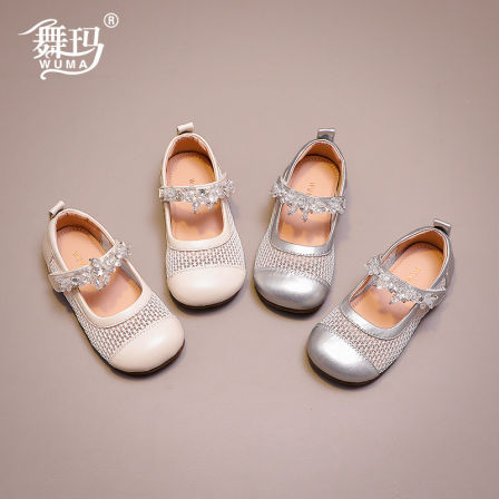 舞玛女童网面公主鞋2026夏季透气软底皮鞋小女孩水晶装饰儿童单鞋