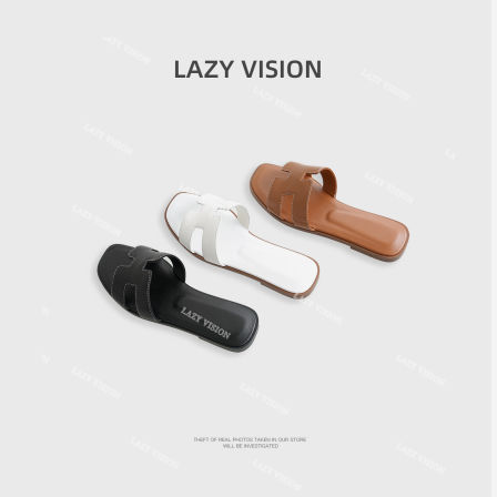 LAZYVISION法式度假风牛皮内羊皮露趾平底H型休闲凉拖鞋女夏37400