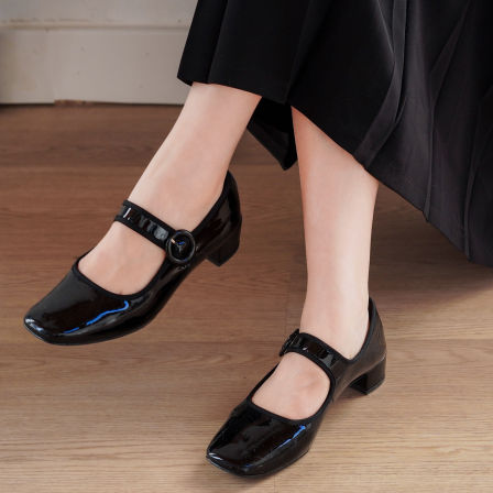 apipedream如一梦 牛漆皮玛丽珍复古黑色法式浅口皮鞋/芭蕾方糖