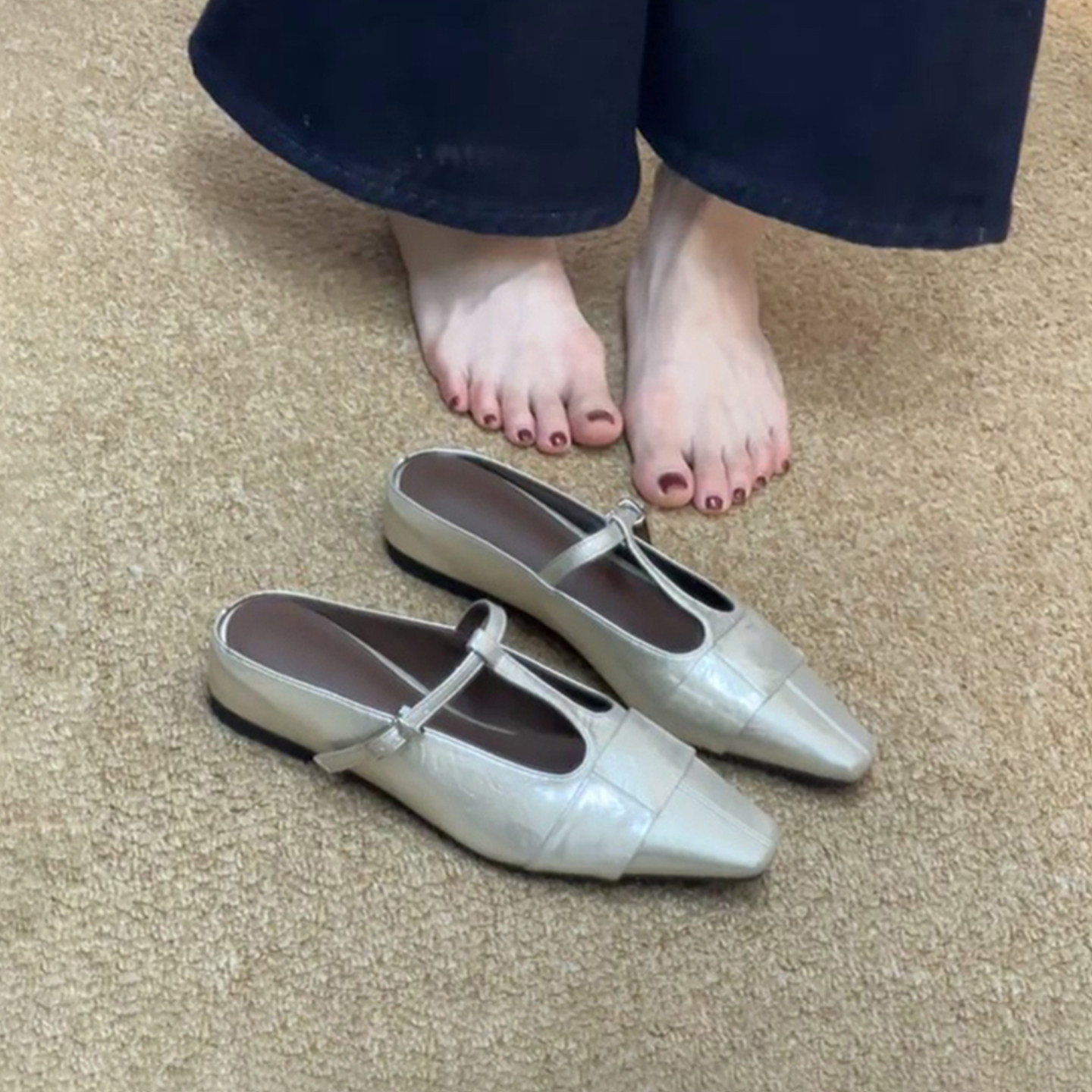 羊皮版~法式气质一字扣带包头半拖鞋外穿通勤内增高穆勒凉拖鞋女主图