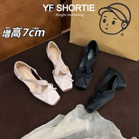 增高7CM蝴蝶结褶皱方头中空单鞋女2026新款法式缎面交叉带芭蕾鞋
