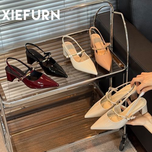 XIEFURN/鞋夫人气质粗跟尖头一字带凉鞋女款新款女包头后空高跟鞋主图