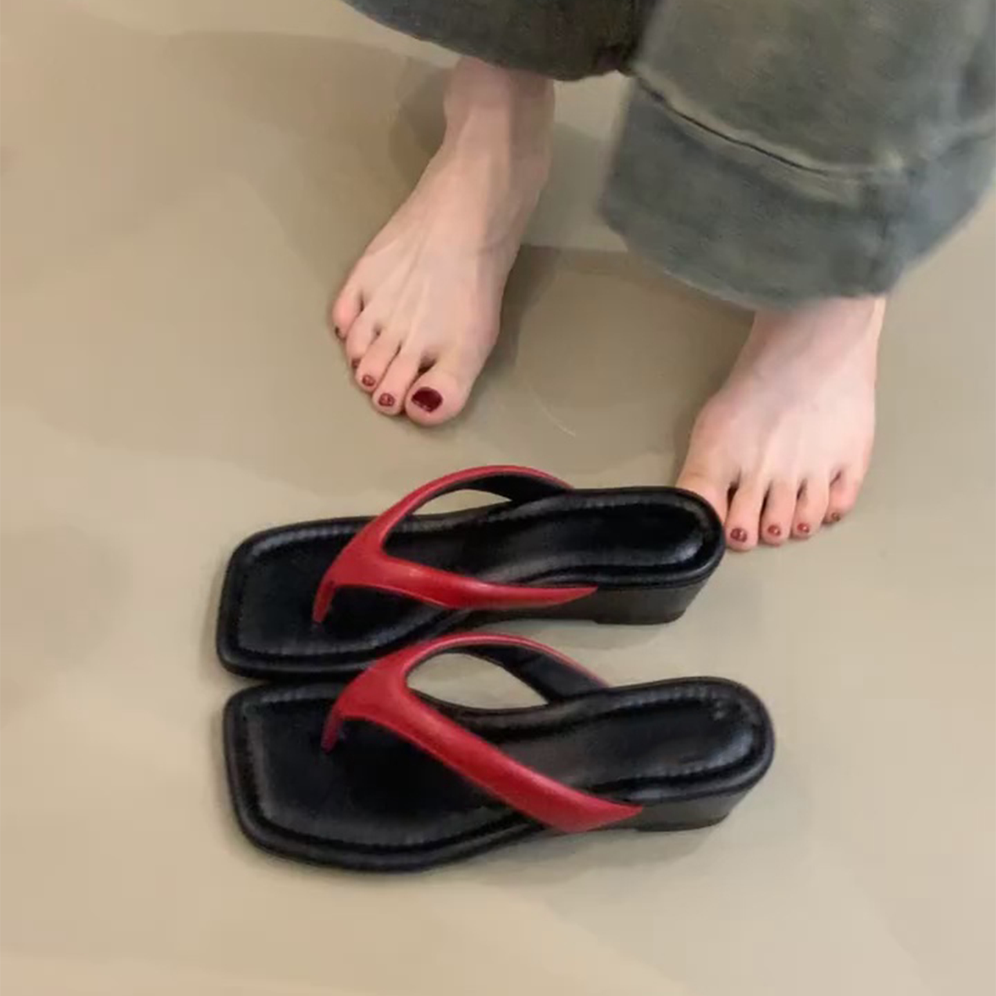 羊皮版~法式方头坡跟夹趾拖鞋女外穿沙滩度假风凉拖鞋休闲人字拖主图