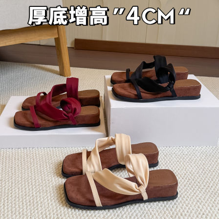 真皮~4cm厚底增高一字带凉鞋女2026夏季新款方头百搭露趾拖鞋外穿