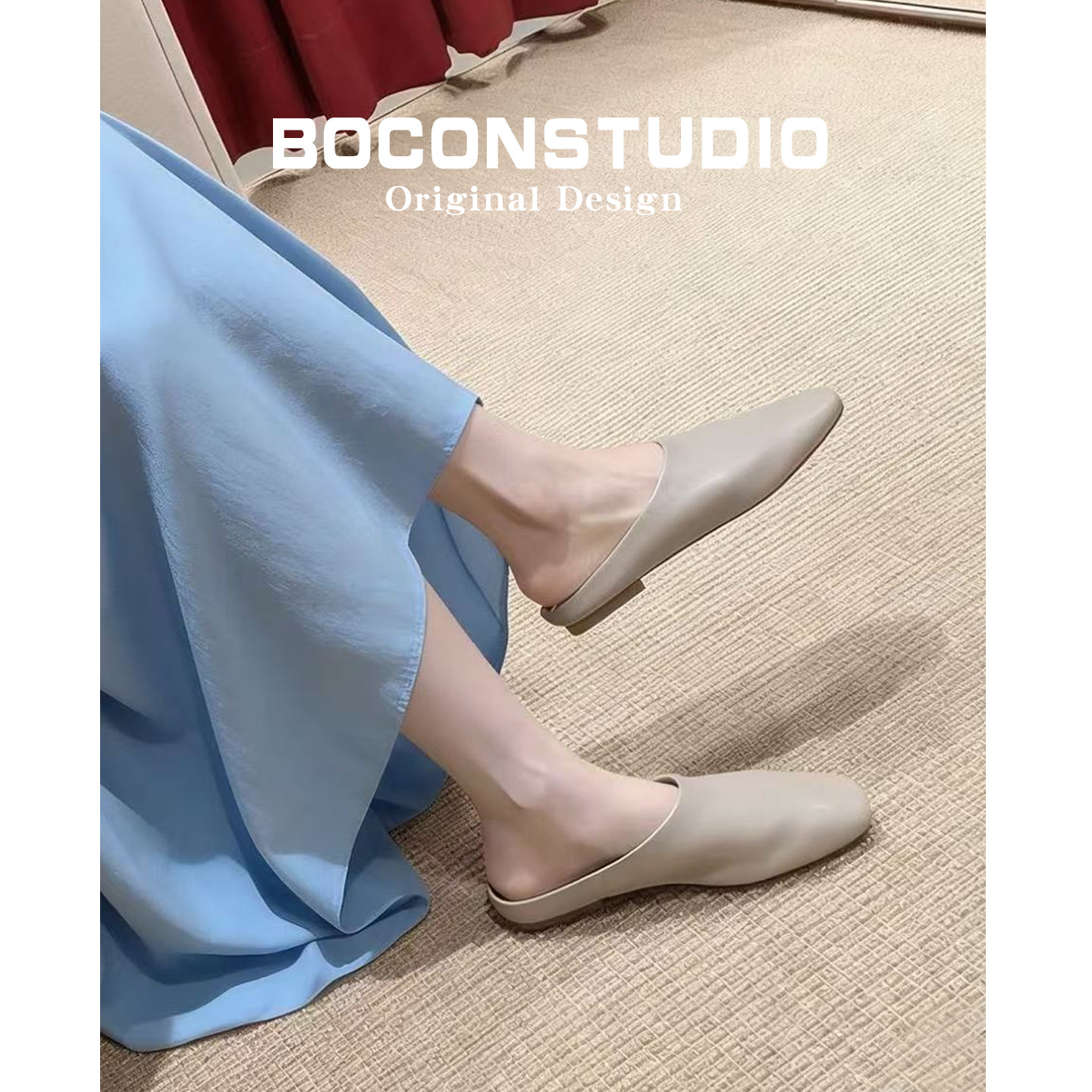 羊皮版~包头拖鞋一脚蹬软面女春夏外穿半拖鞋方头平底真皮穆勒鞋主图