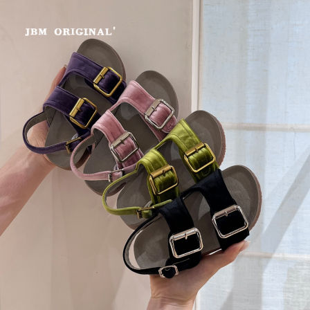 JBM 夏季新品女童丝绒双带凉鞋韩版儿童复古博肯鞋平底休闲一字扣