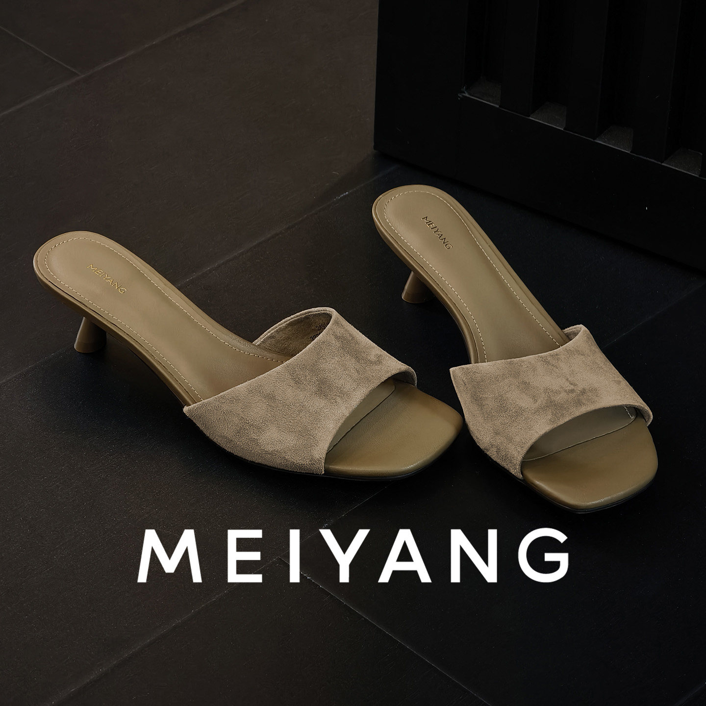 美洋MEIYANG 暮沙拖鞋 反绒羊皮革方头一字带细跟半拖高跟鞋-周四主图