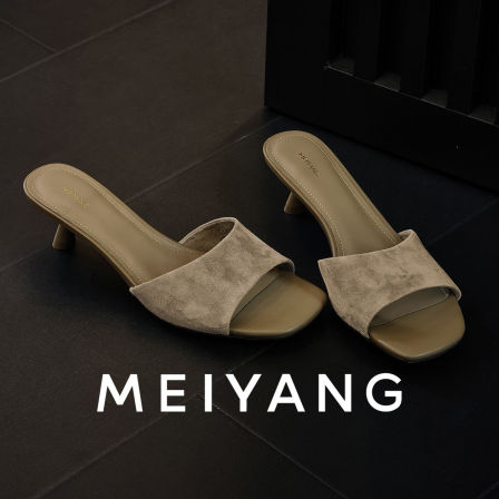 美洋MEIYANG 暮沙拖鞋 反绒羊皮革方头一字带细跟半拖高跟鞋-周四