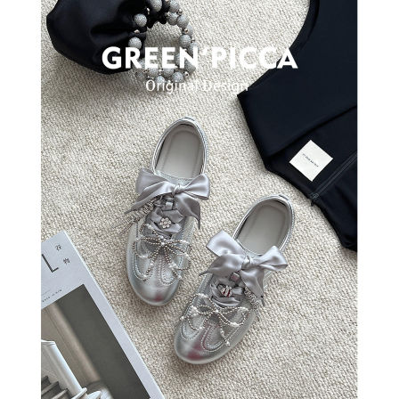 杨幂同款~银色芭蕾德训鞋女2026新款琴键音符珍珠运动休闲阿甘鞋