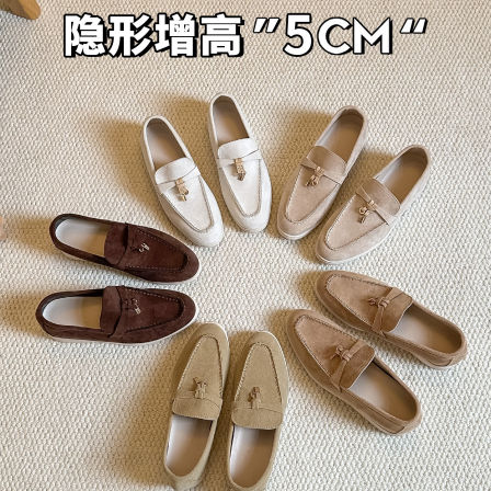真皮~老钱风流苏乐福鞋女2026新款5cm内增高反绒皮一脚蹬休闲包鞋